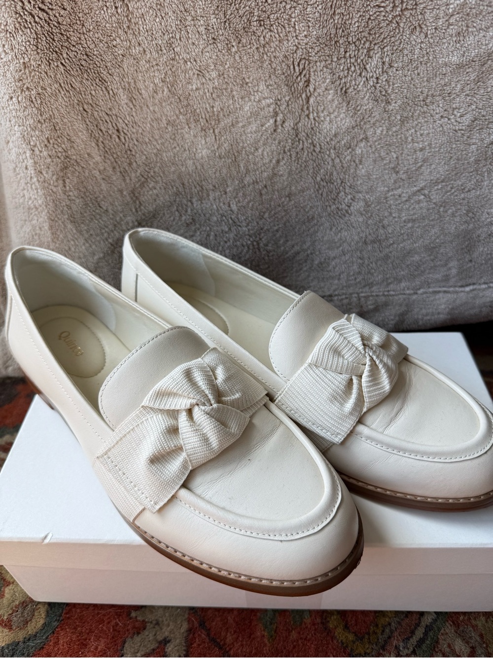 Quince Italian Leather Bow Penny Loafer. Bone, 10